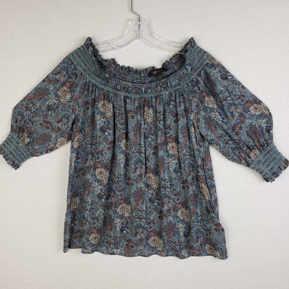 FRYE Peasant Blouse Top Smocked Neckline Floral Print Boho Puff Sleeve size S